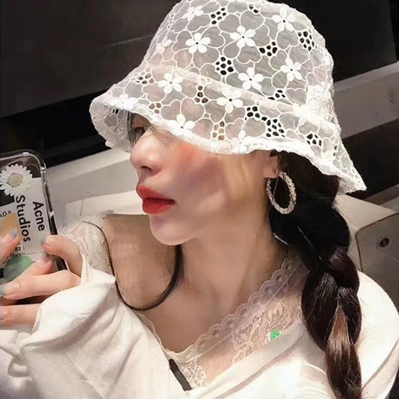 الصيف قبعة بحافة جوفاء الدانتيل زهرة الصيادين قبعة المرأة واسعة حافة قبعات للحماية من الشمس في الهواء الطلق السفر عادية الشمس برهان قبعة قبعات غطاء الرأس #1