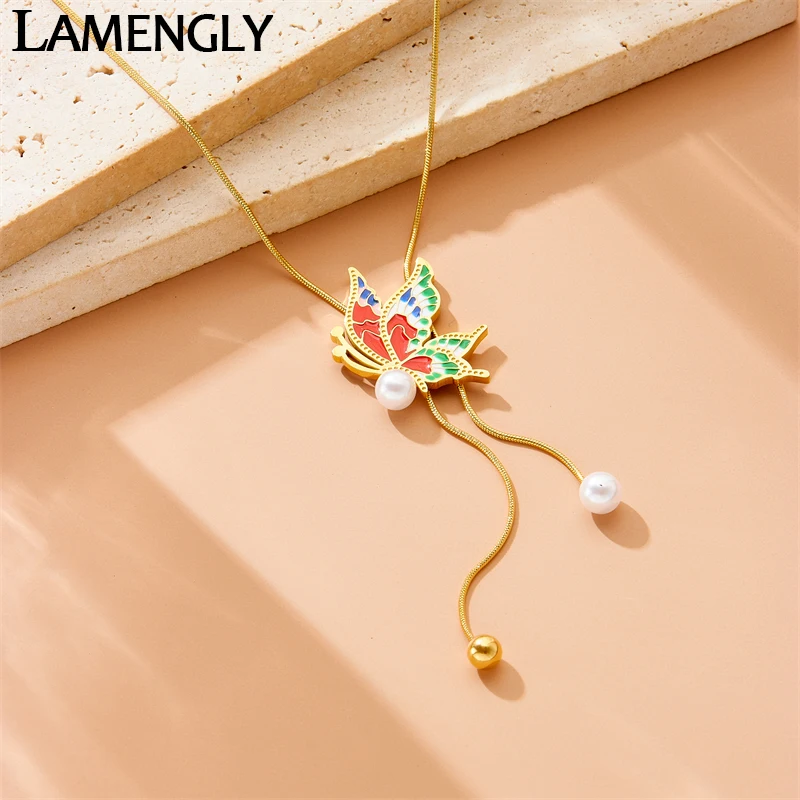 

LAMENGLY High Quality 316l Stainless Steel Colored Enamel Animal Butterfly Shape Pendant Necklace Women Trend Choker Necklace