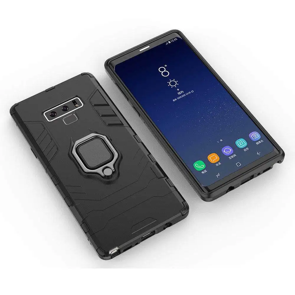For Samsung Galaxy Note 9 Phone Case, Silicone TPU and Hard PC Luxury Armor Shockproof Metal Ring Holder Cover Casing