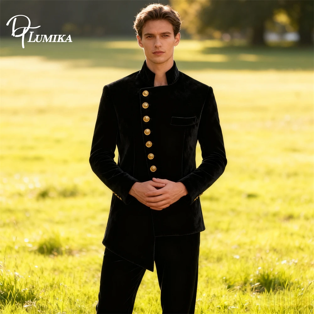 

Men 2-Piece Velvet Suit Set, XS-7XL Plus Man Suit Jacket Pants Stand Collar Autumn Winter Formal Suits Customized Colors