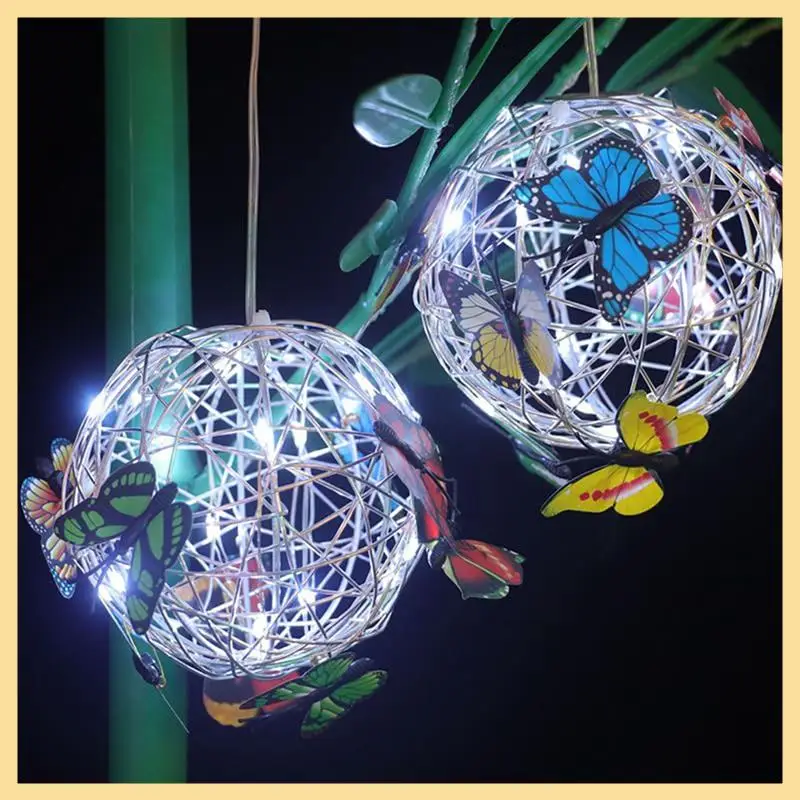 

GOOD-Garden Hanging Round Ball Light With Butterfly With Weaving Lamp Solar Decorative Nightlight Outdoor Decorative Metal