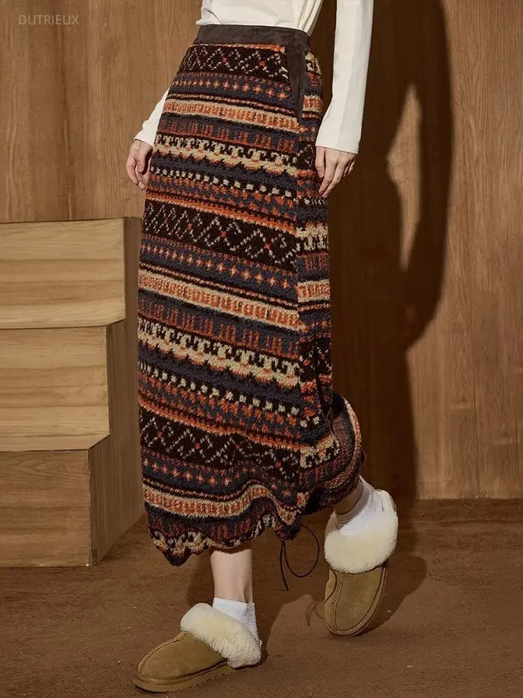 Color Block Thick Skirts For Women Vintage Autumn Winter Korean Fashion Long Skirt Elegant Warm Sweet Faldas Mujer