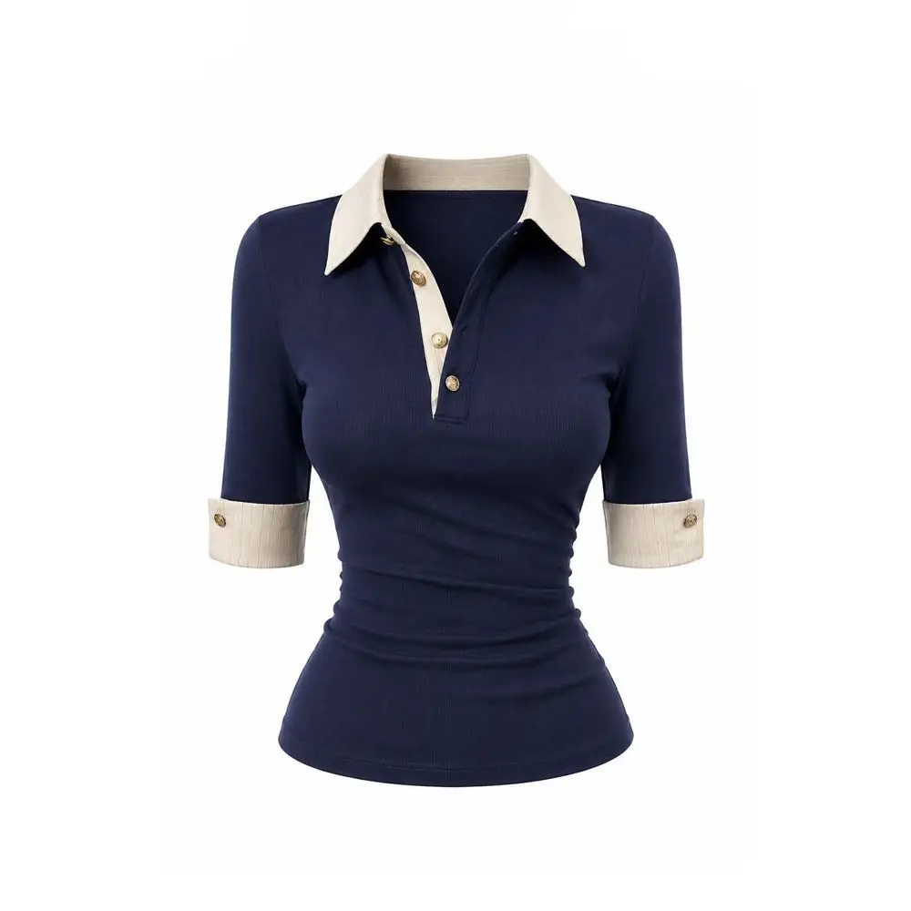 Preppy Aesthetic Women Ribbed Polo Top Color Block Lapel Collar Half Sleeve Button Detail Slim Fit Elegant Daily Office Blouse