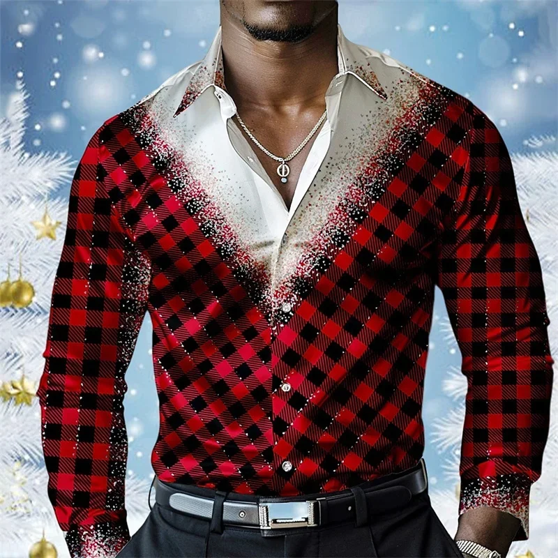 

Christmas Men's Plaid Shirt Formal Long Sleeve Fashion Casual Party Evening Wear Holiday Autumn Lapel Shirt 3D Printing Red 6XL