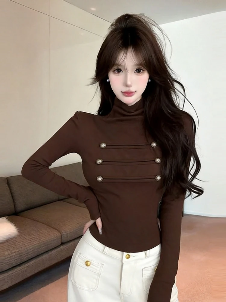 Sexy Retro High Collar Buttoned Splice Long Sleeve T-Shirt Slimming Inner Wear Overhead Top for Autumn Trendy Girl's Fashion