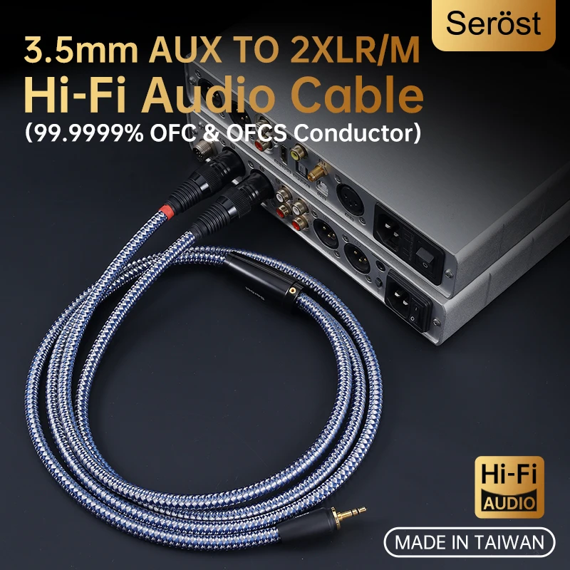 

Serost HiFi OFC silver-plated copper 3.5mm AUX to 2XLR/M male 1-to-2 mobile phone player to Power amplifier speaker Audio Cable