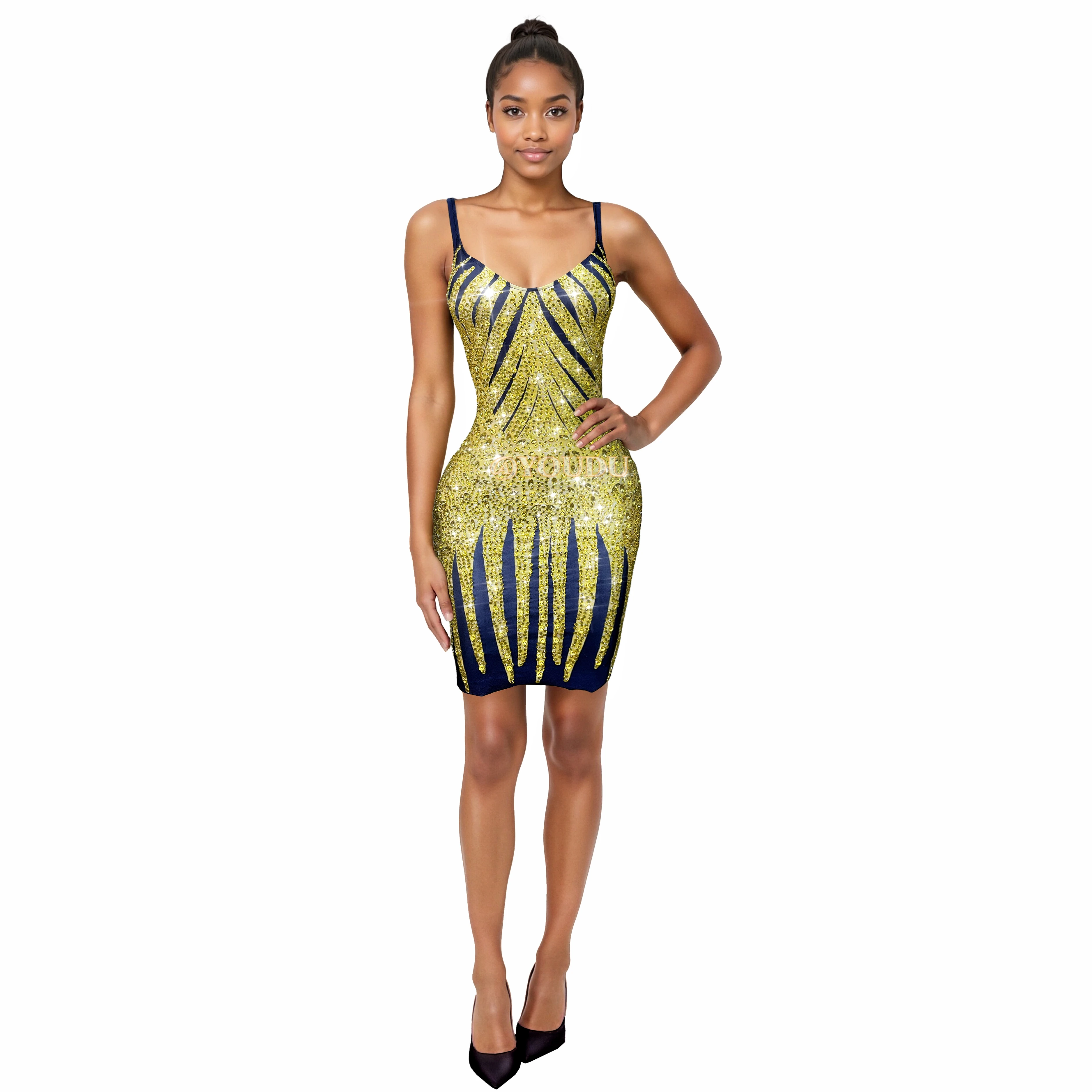 

Luxurious Twinkling Gold Rhinstones Cultivation Suspenders Dress Evening Cocktail party Elegant Gown Red carpet Outfit Huangjin