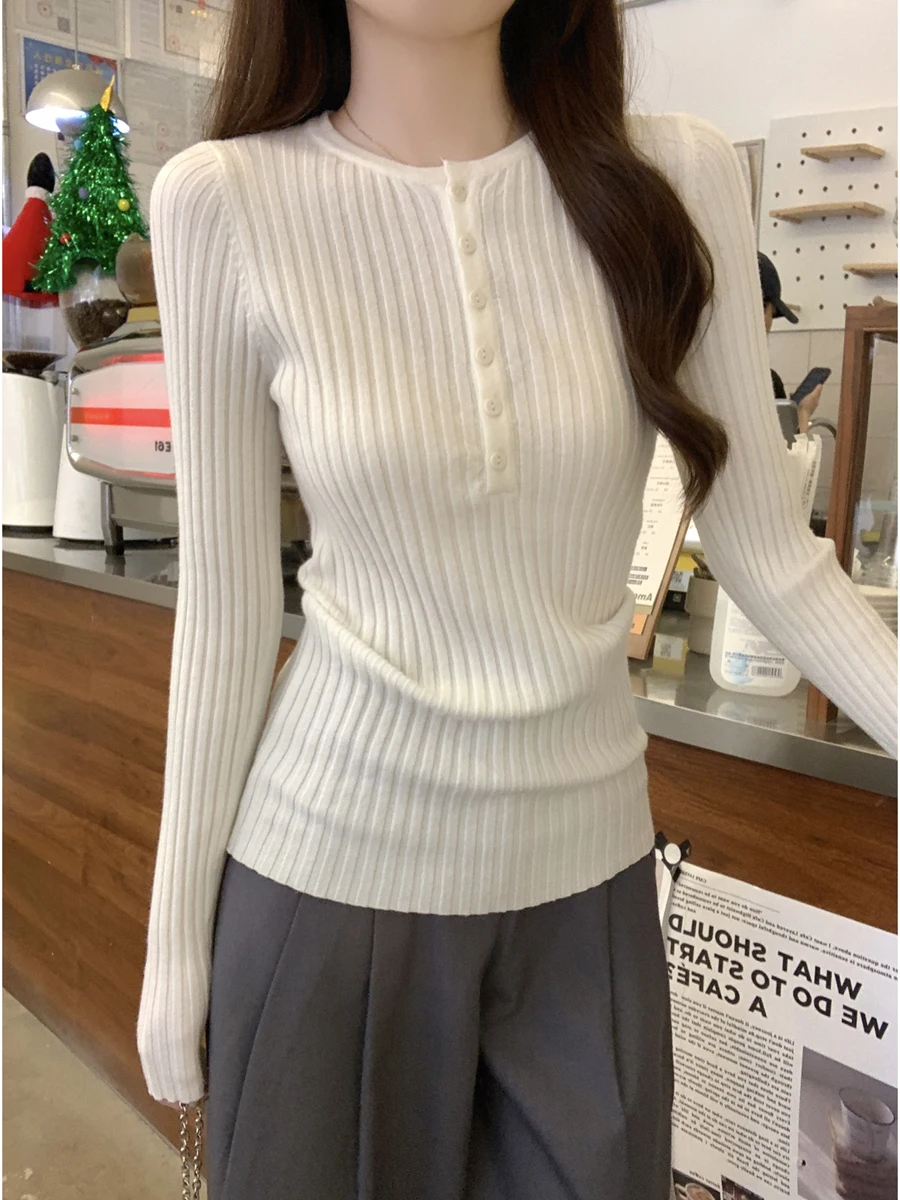 

French Sle Slim Fit Knitted Sweater Women's Inner Wear f Open Collar Base Layer irt Breathable Comfortable Long Sve