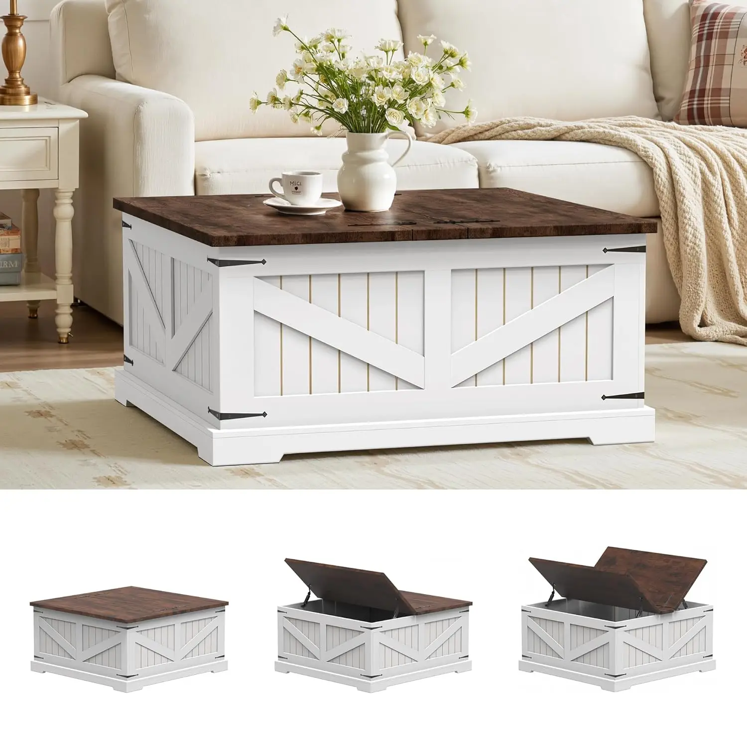 Farmhouse Coffee Table With Storage, 32" Square Wood Center Table With Dual Flip-Top Lids, Hidden Storage Compartme
