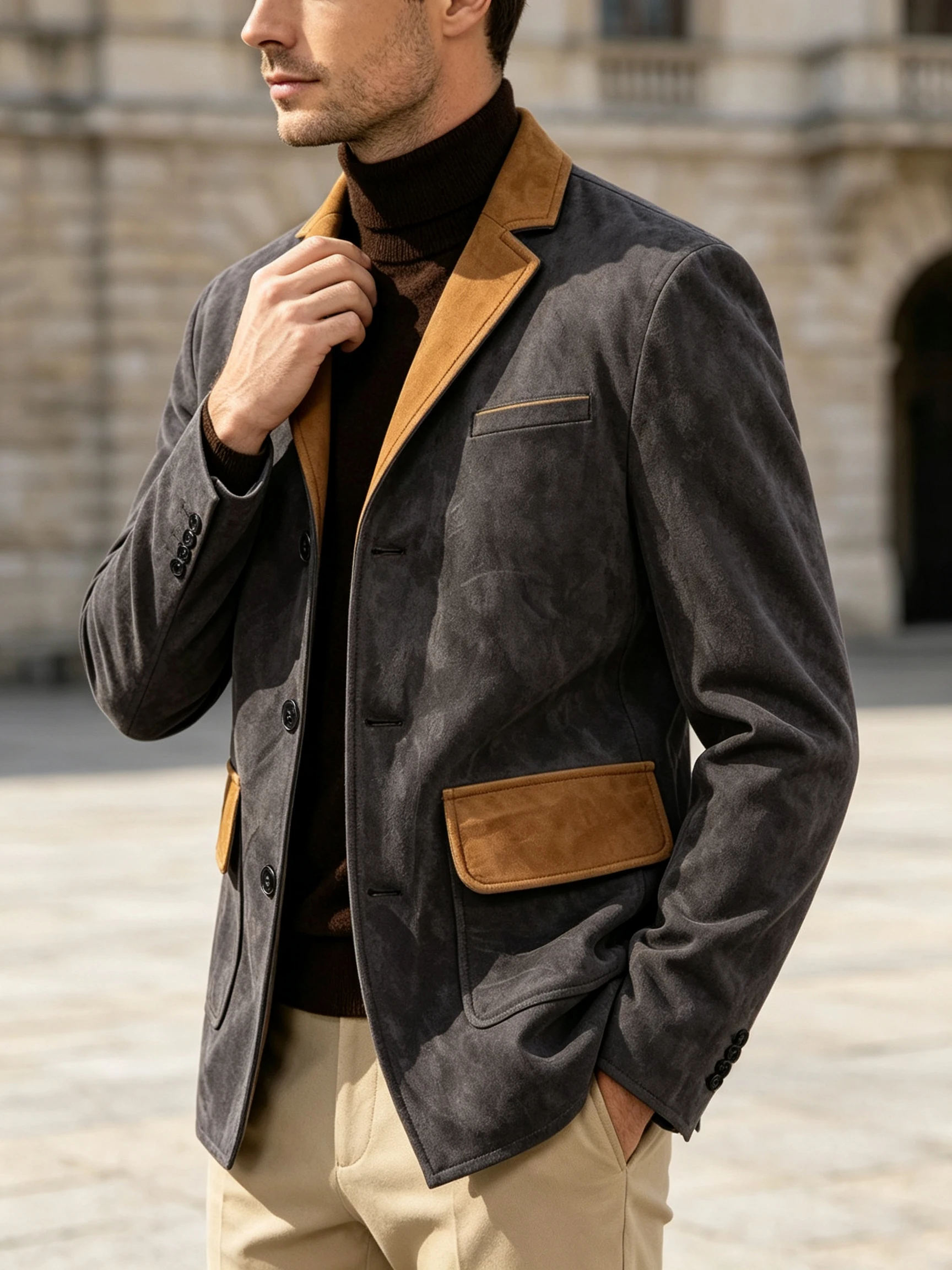 Men's Suede Patchwork Blazer Notch Lapel Contrast Color Casual Suit Jacket Single Breasted Slim Fit Business Wedding Dress Coat
