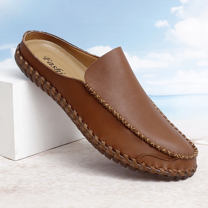 Men Big Size Genuine Leather Summer Sandals Hand Stitched Wrap Around Slippers Half Slip on Loafers Casual Outdoor Shoes