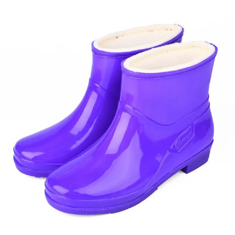 Feerldi Purple Women Waterproof boots Low Heels Colorful Polka Dot Rain boots for women Plush Warm Water Shoes