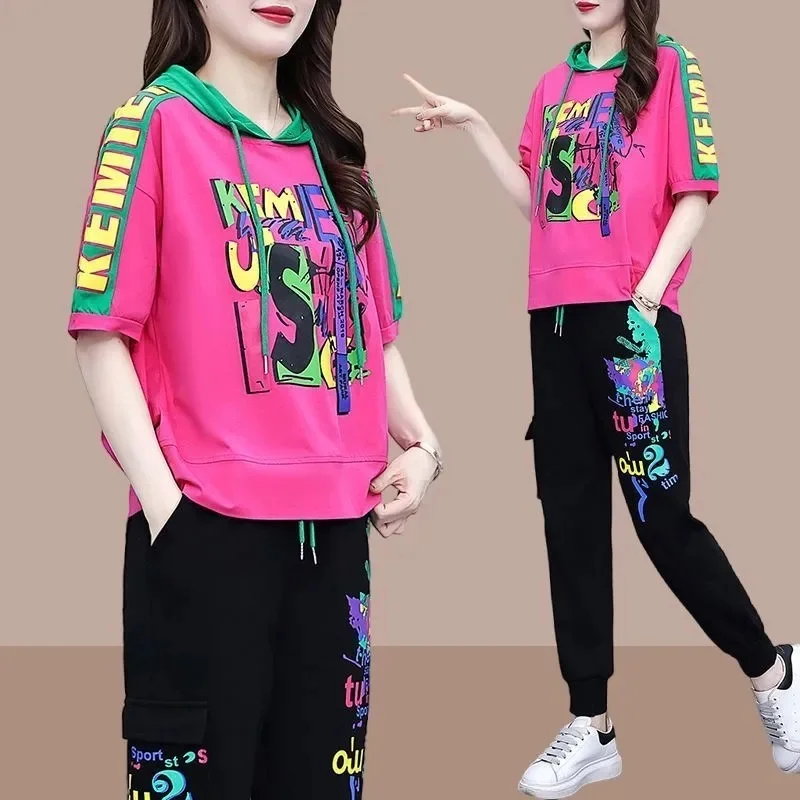 Sense of design feminino calças com capuz outfit 2025 senhora tamanho grande 4xl retalhos calças 2 pçs primavera femme impressão conjunto de duas peças