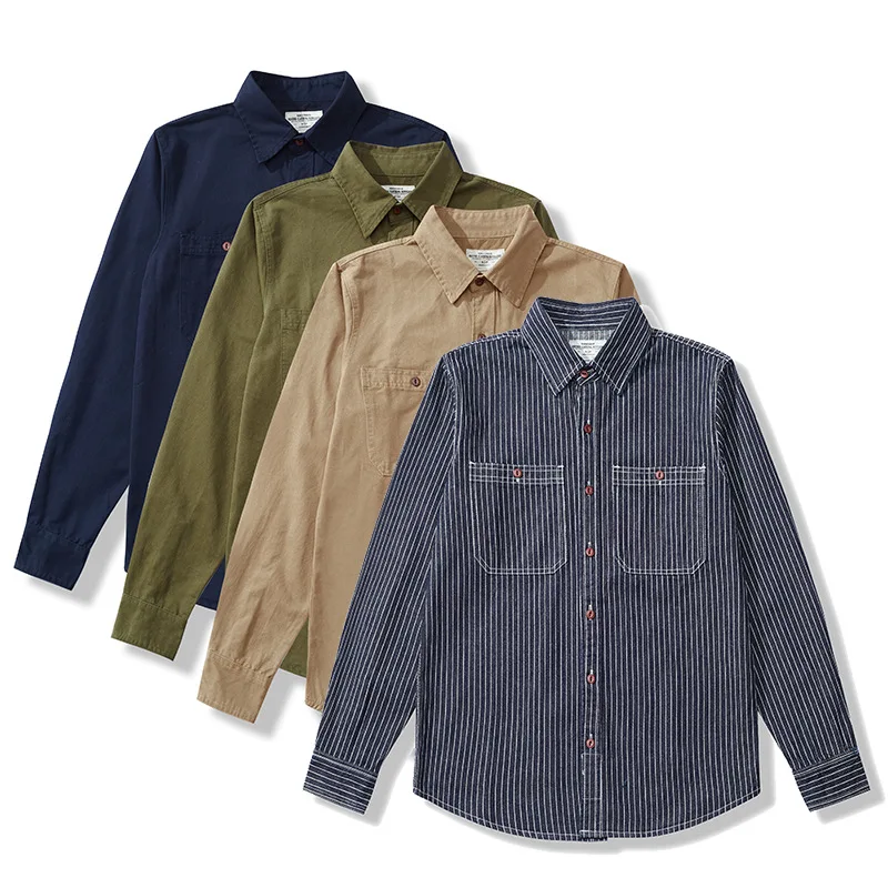 

Мужская рубашка OKONKWO в американском ретро-стиле с вышивкой, длинными рукавами, в полоску, классического кроя, повседневная, на пуговицах