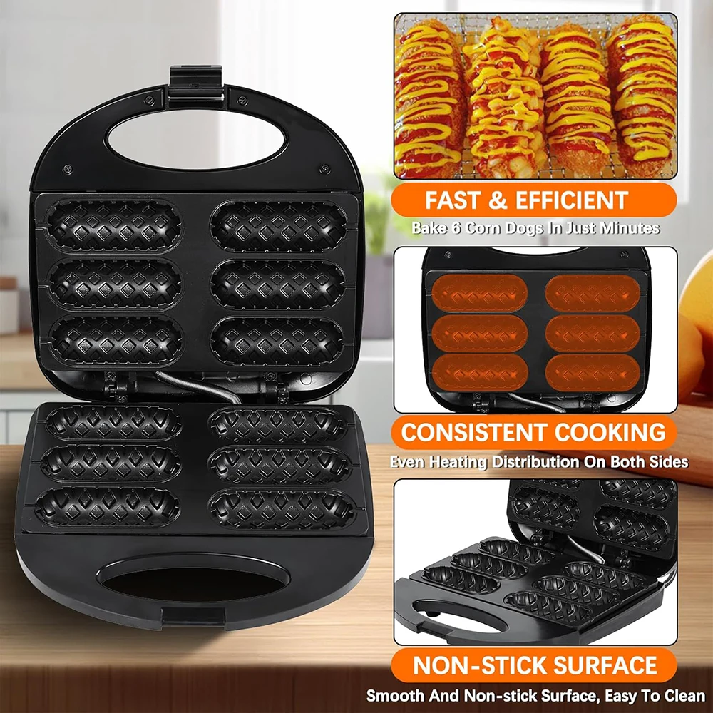 Electric Hot Dog Machine Waffle Maker 6 Corn Dogs Non-Stick Double-sided Heating Sausage Roll Maker Breakfast for Kid Party 220V