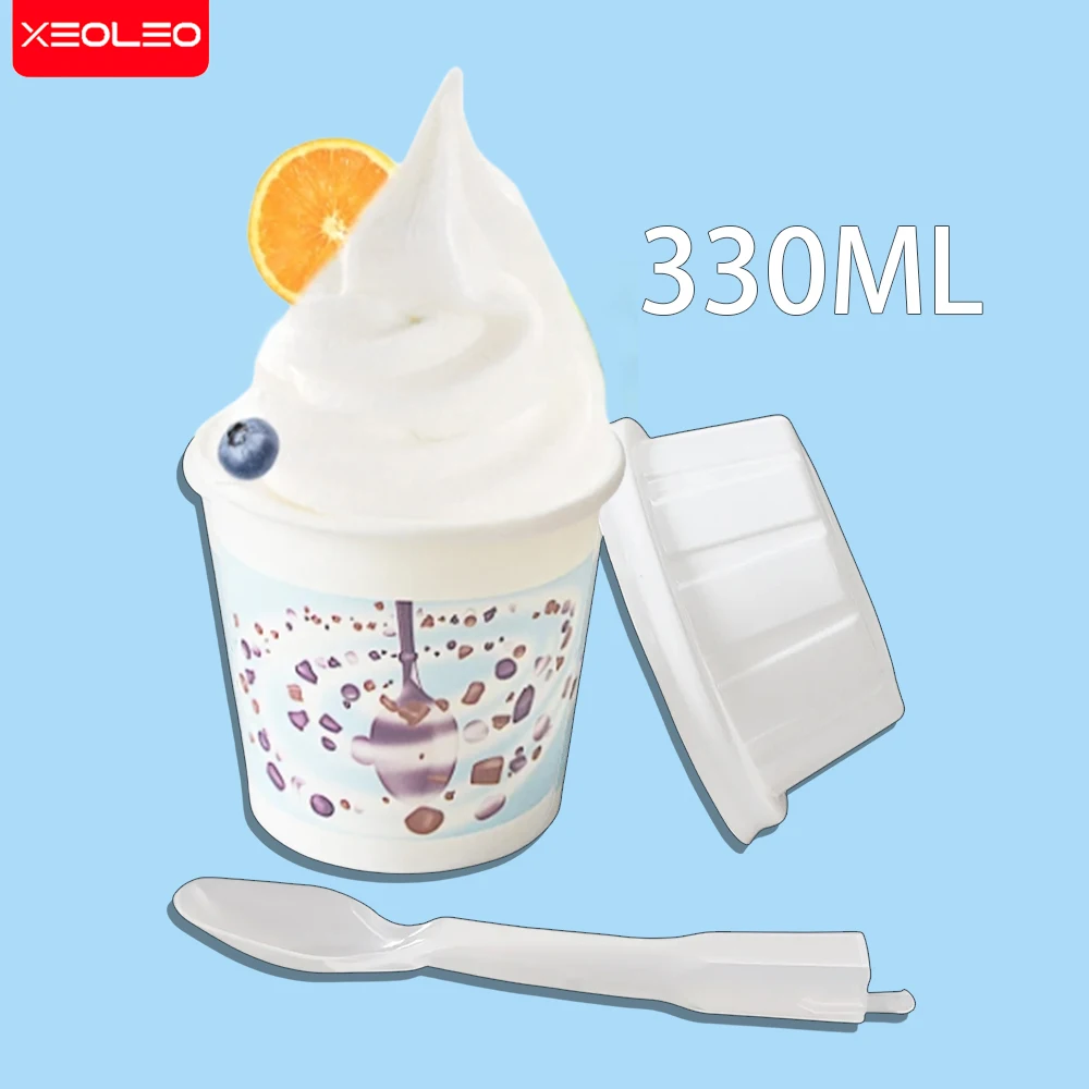 XEOLEO 330ML MC Flurry Ice Cream Cups With Ice Cream Lid And Ice Cream Spoons 1000 Set Ice Cream Paper Cups Sundae Cups