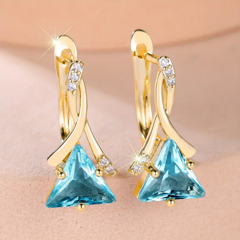 Huitan Gold Color Twisted Lever Back Dangle Earrings for Women Triangle Blue CZ Elegant Charming Statement Party Daily Jewelry