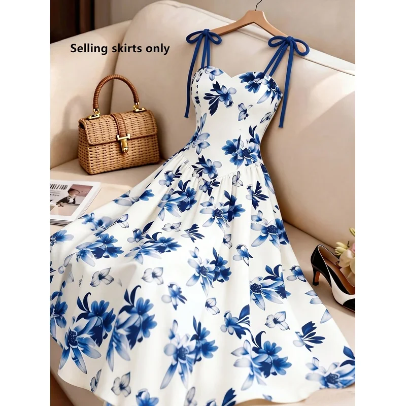 Women'S Floral Pattern Thin Belted A-Line Dress, Suitable Vacation, Commute, Music Festival, Date, French Bohemian Style, Be