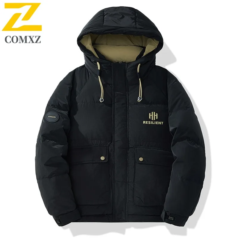 COMXZ Men Down Jacket High Quality Hooded Outdoor Adventure Multi Function Warm Parka Solid Color Travel Lightweight Winter Coat