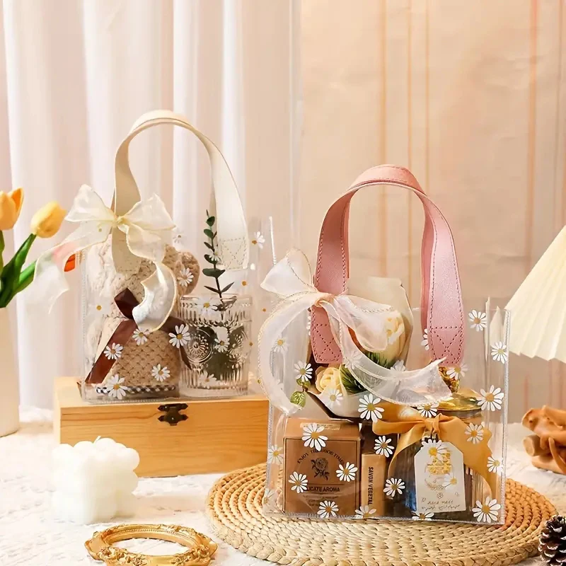 Transparent Tote Bags Daisy Pattern Packaging Gift Bag With Hand Loop Soft Pvc Wedding Candies Storage Bag Cosmetic Handbags