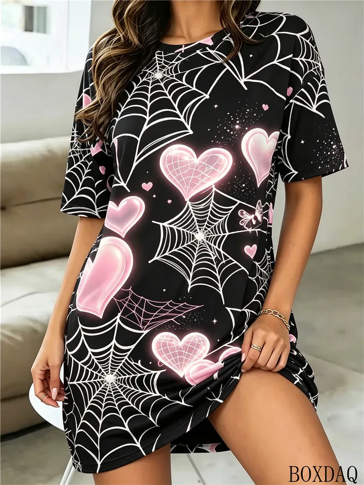Summer Heart-Shaped Spider Web Pattern Gradient Printed Women's Dresses Casual Round Neck Short Sleeved New Loose Dress