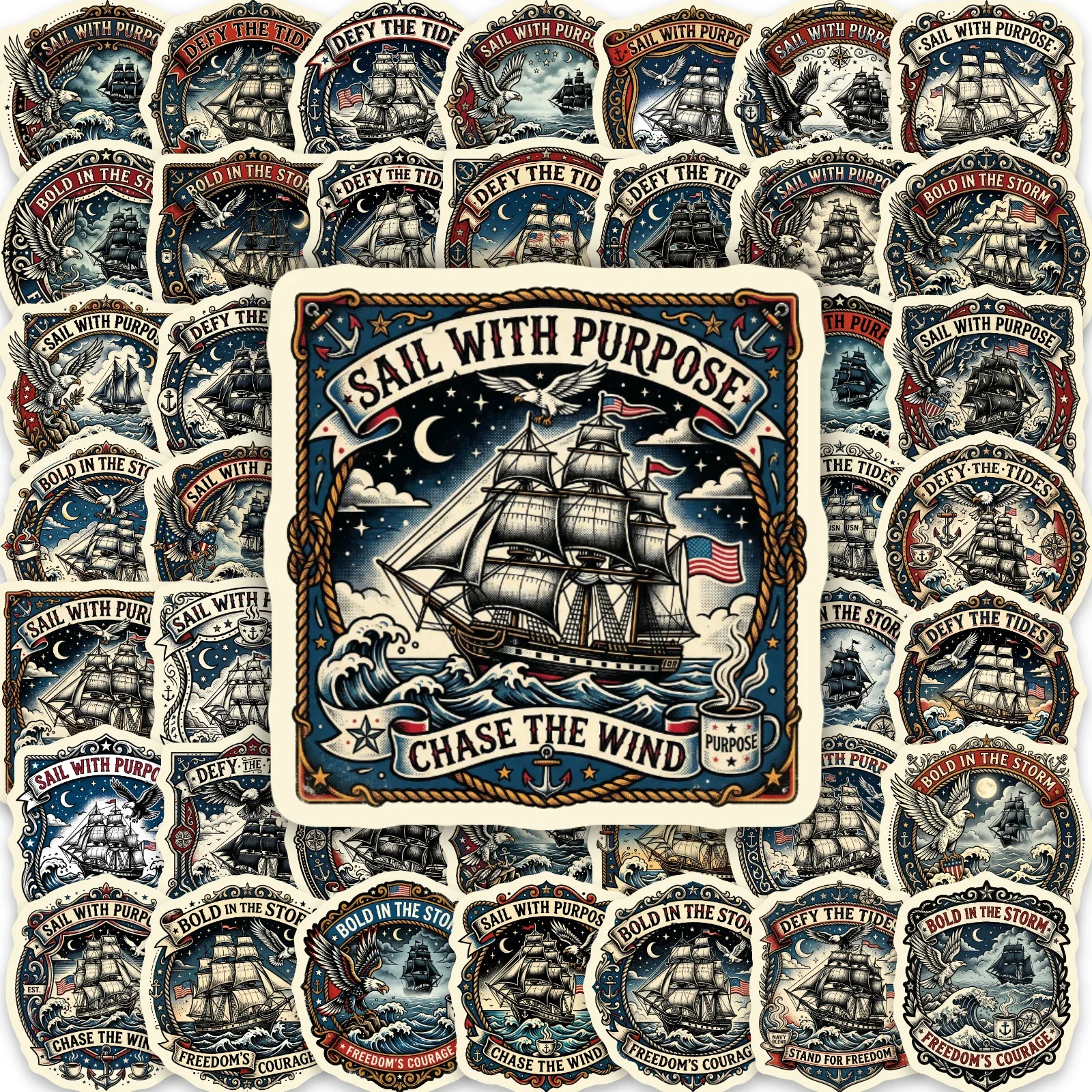 50-Pack American Retro Nautical Boat Graffiti Stickers Waterproof Decals for Phone Tablet Notebook Luggage Stationery Decoration