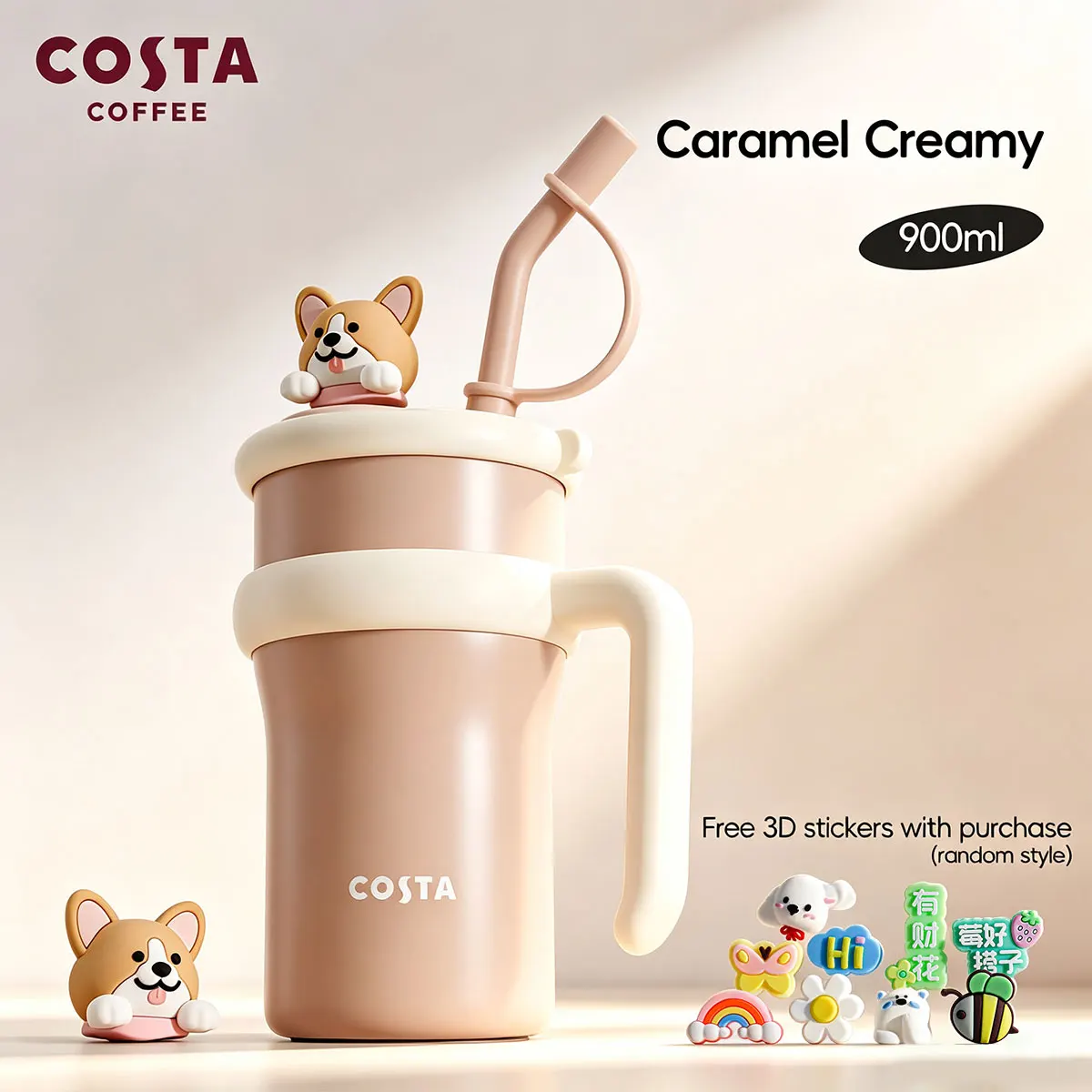 COSTA Giant 900ml Vacuum Insulated Tumbler - Caramel Latte & Happy Puppy with Corgi Plush Doll