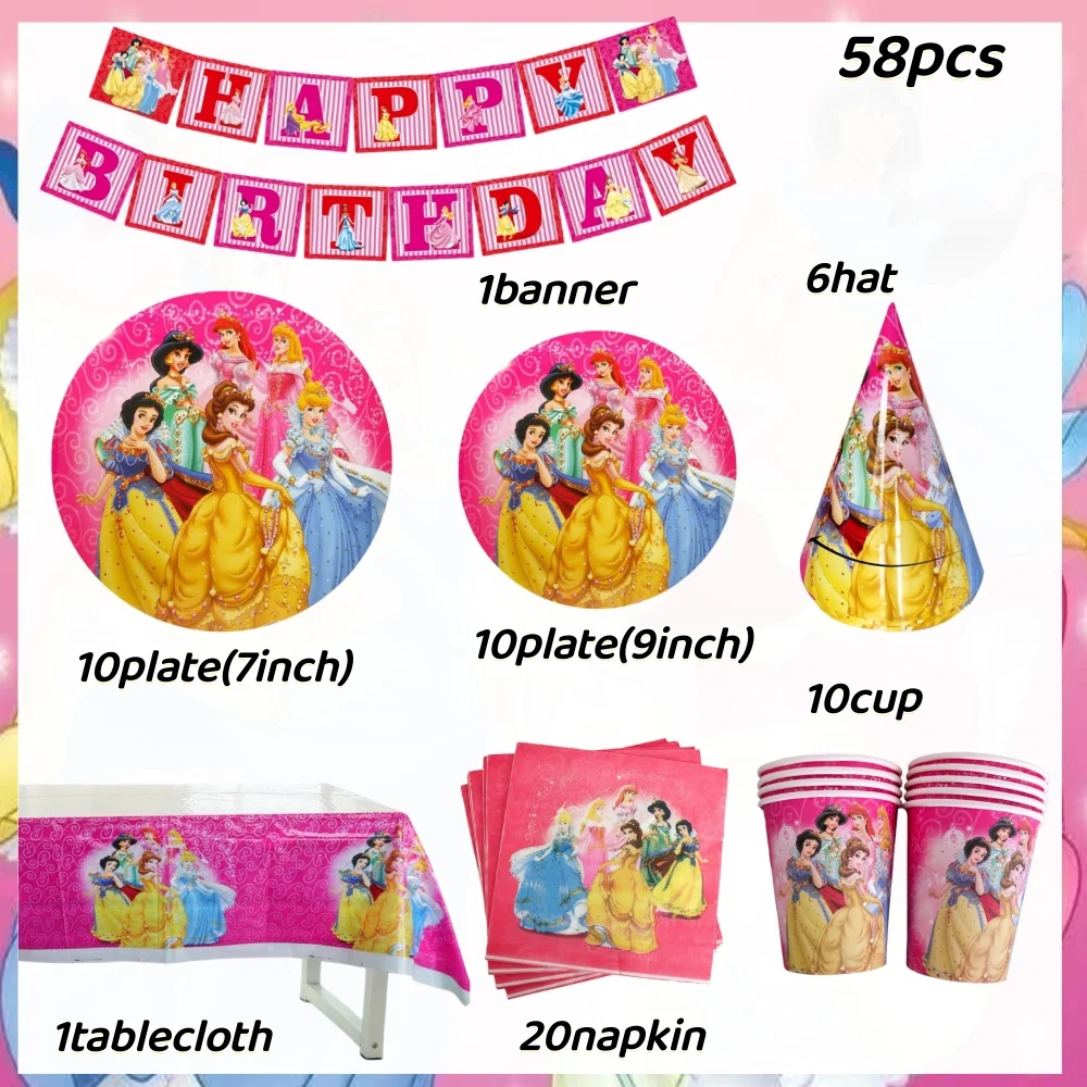 Accesorios de decoración para fiesta de cumpleaños de princesa, Kit de vajilla, caja de dulces, mantel, telón de fondo, globo de princesa, piezas de decoración para fiesta