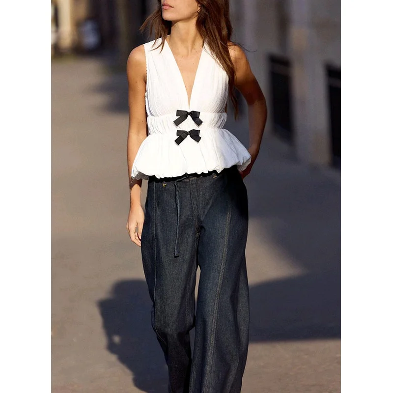 

Spring Women's Balloon Skirt Colion Color Knot Decoration Texture Versatile V-ne Svel Top 506770