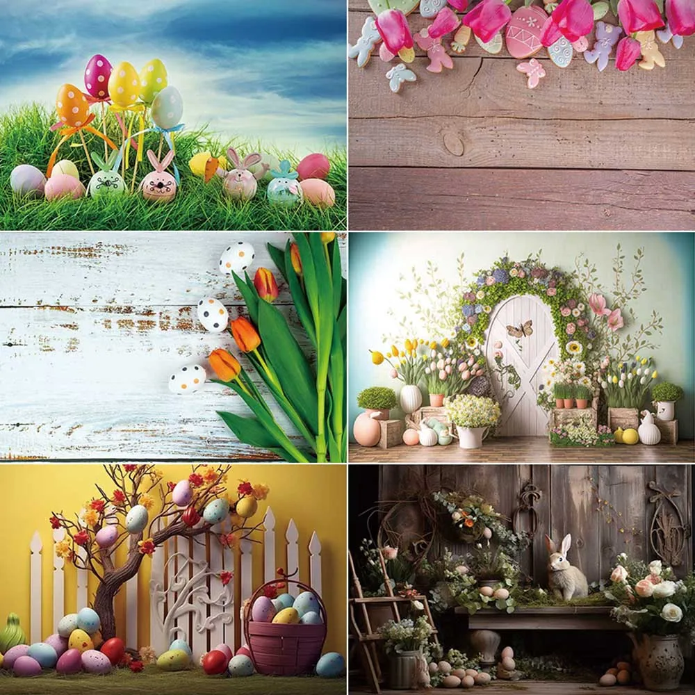 MOON.QG Easter Day Backdrop Photography Enchanted Garden Houses Fence Bunny Background Children's Studio Photocall Accessories