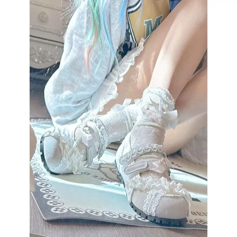 Pinkyo French Lace Ballet Flats Round Toe Shallow Mouth Summer Gentle Versatile Women Shoes Comfortable Breathable Daily Wear