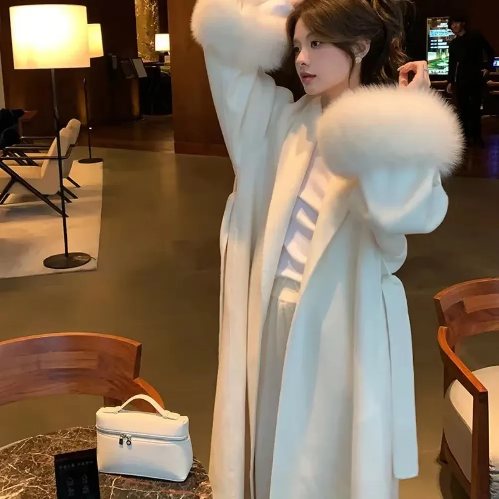 Manteaux à grand col en fourrure pour femmes, veste en vraie fourrure, ample, mode, vêtements d'extérieur élégants et chauds, manteaux en laine avec ceinture, nouvelle collection 2025