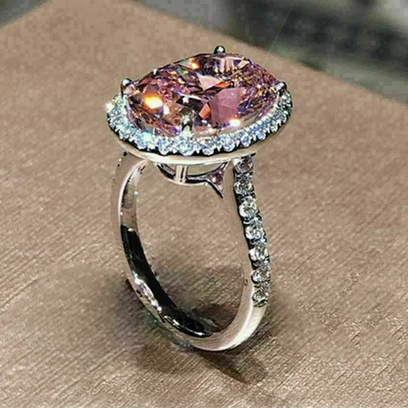 Huitan New Women Engagement Rings Oval Pink Cubic Zirconia Luxury Silver Color Proposal Wedding Bands Accessory Fashion Jewelry