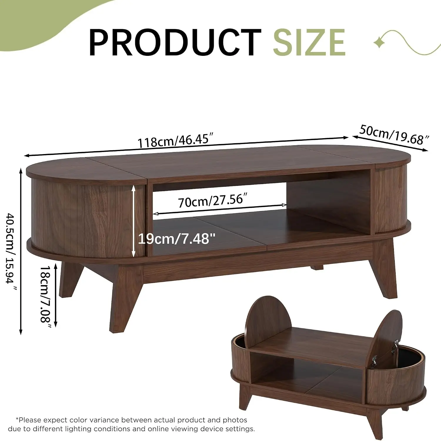 Oval Coffee Table with 2 Flip-Top Hidden Storage Lids & Lower Shelf, Mid Century Wood Fluted Table for Small Space, Customized
