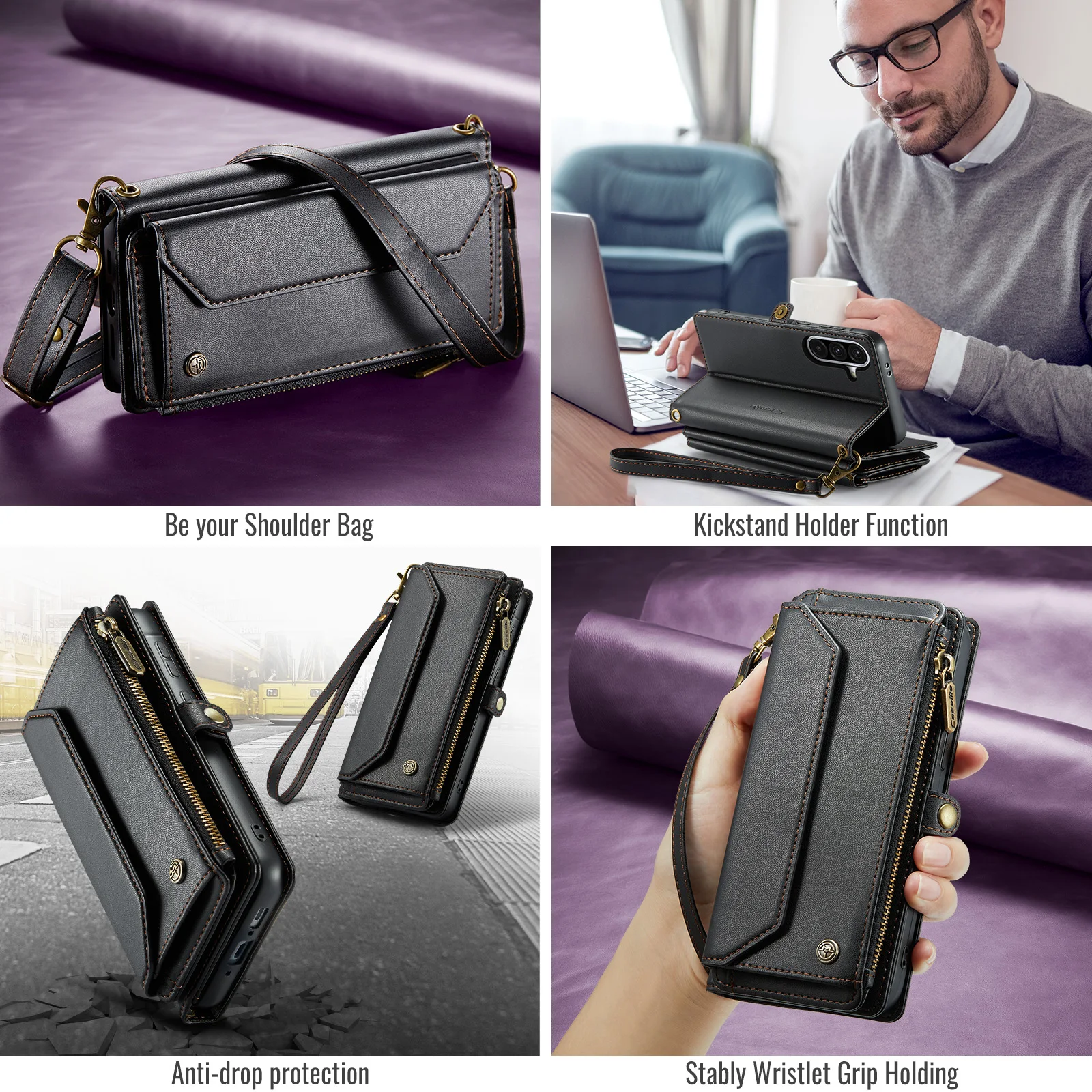 

Caseme-C36 Wallet Case For Samsung Galaxy A17 Multifunctional Zipper Card Cases Money Bag Card Slots Full Protect Cover 2 Straps