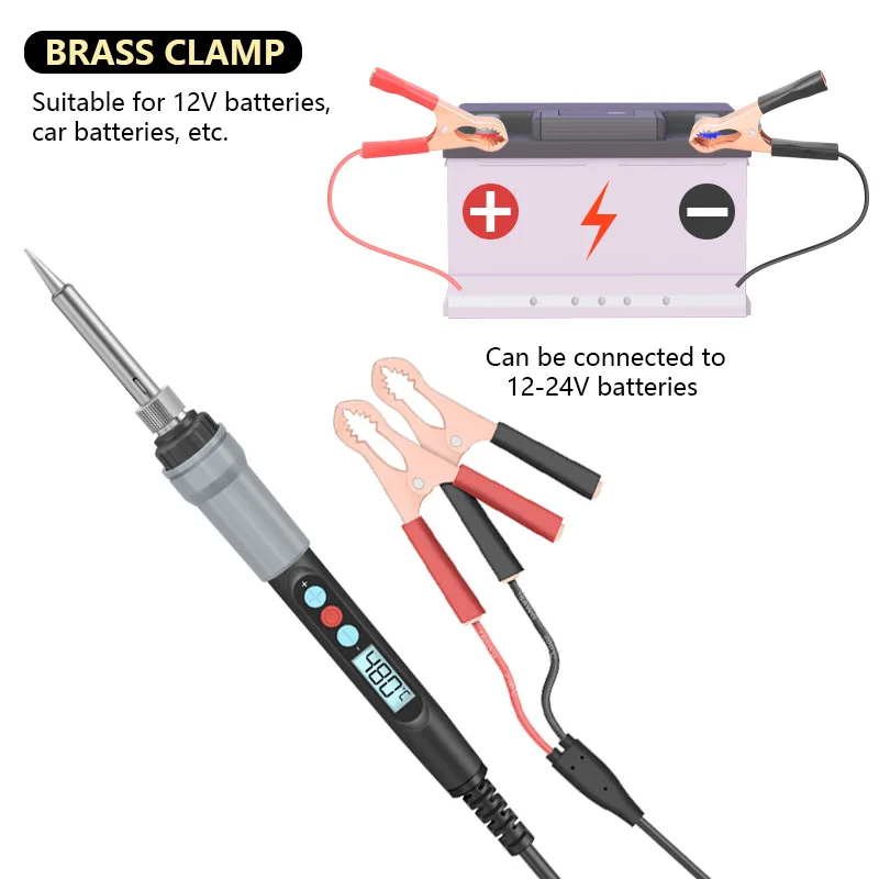 Low Voltage DC 12V 24V DC Digital Display Electric Soldering Iron High Altitude Outdoor Crocodile Clip Soldering Iron 18-72W