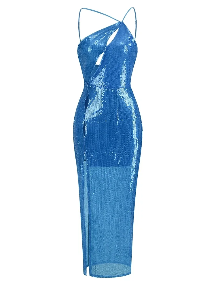 Vestido largo sin mangas con abertura de lentejuelas para mujer, vestido Sexy con un hombro al descubierto, cuello Diagonal, azul, fiesta de noche, nuevo