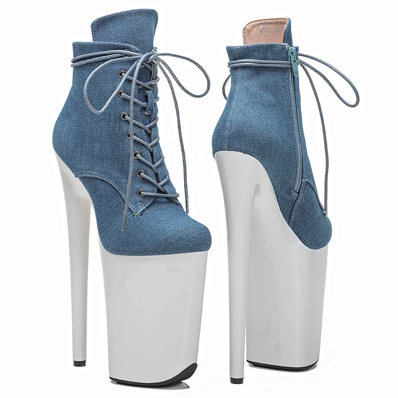 Leecabe  23CM/9inches Denim mix color stripper heel exoticism Trend fashion High Heels ankle Boots Pole Dance boot