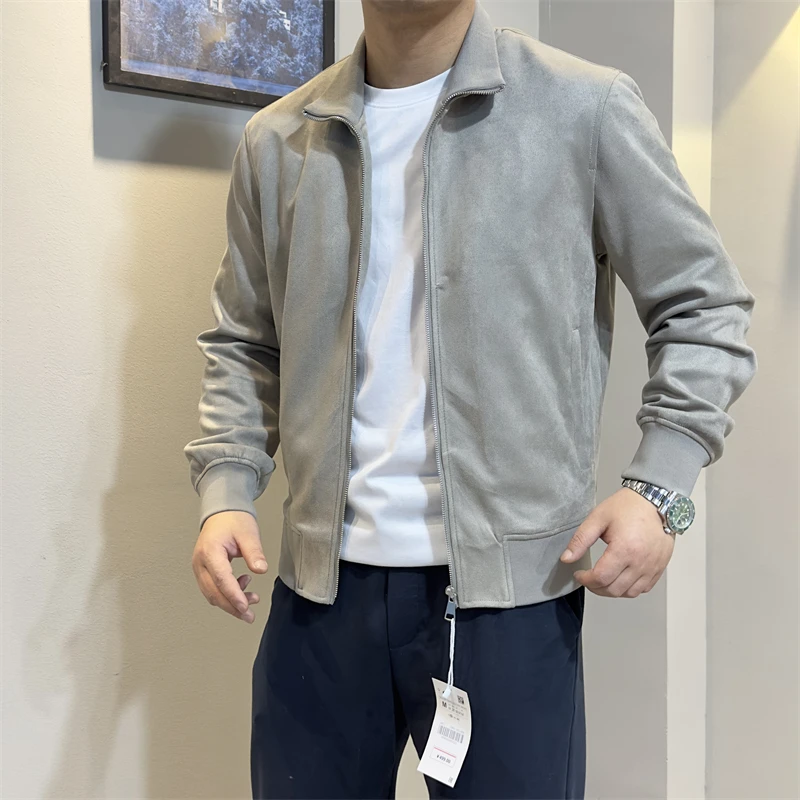 Ultra-Soft Elastic Suede Spring Men's Stand Collar Flight Jacket Casual Outerwear Trendy Long Sleeve Standard Fit Daily Wear