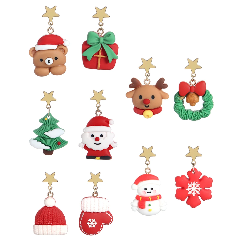 1pair/lot Christmas Resin Earrings Christmas Hat Reindeer Cute Mini Tree Santa Claus Snowman Hat Bear Earrings For Girl Gift