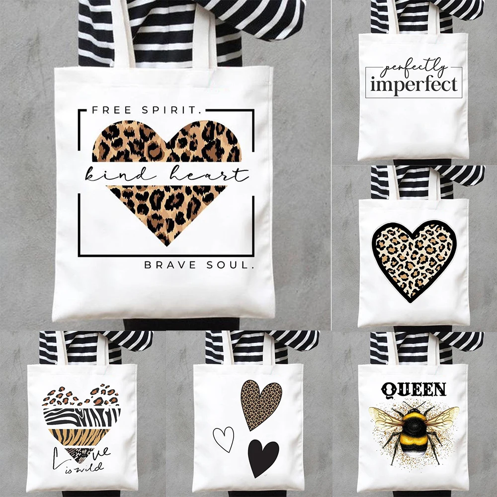 

Animal Print Inspirational Quote Canvas Tote Bag With Leopard Lip Bee Patterns For Commute Suitable For Girls Women