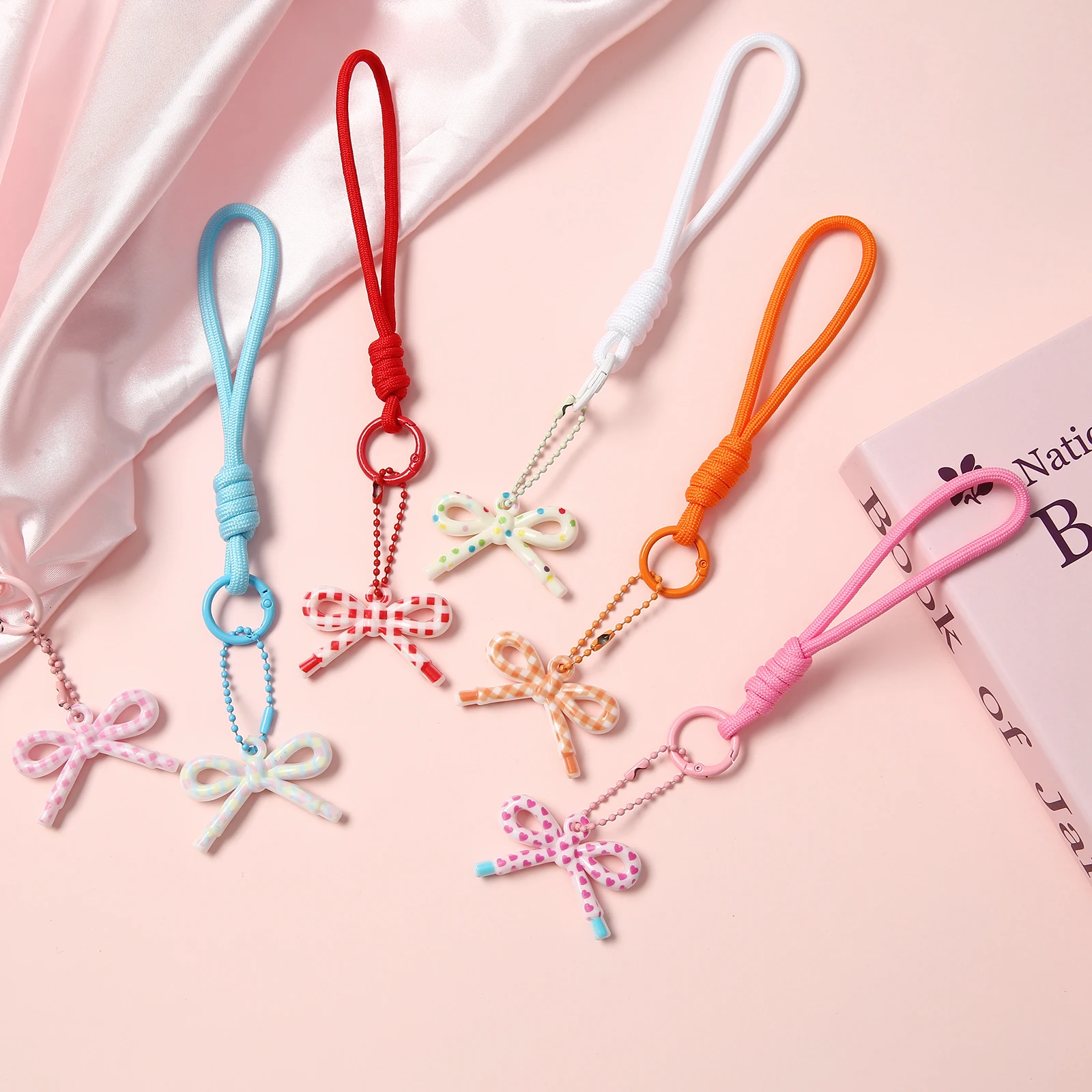 Sweet Pastel Floral‑Pattern Bow Charm Color Braided Lanyard Keychain Cute Resin Bow‑Knot Pendant Y2K Aesthetic Accessory