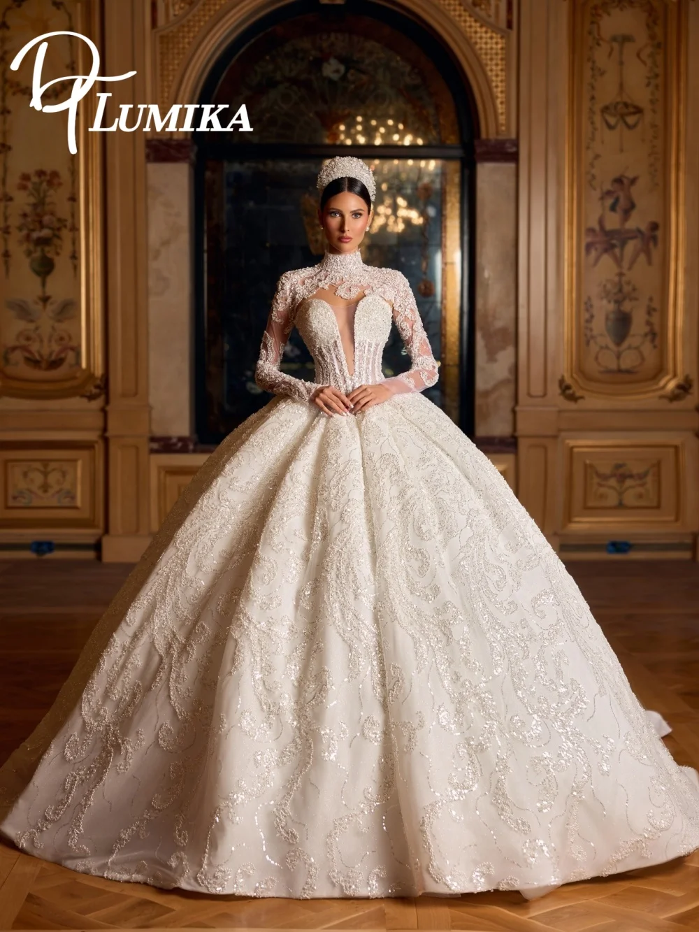 

Romantic High Neck Lace Wedding Dress 2026 Vintage Sheer Long Sleeve Bridal Dress Opulent Glitter Bridal Gown Vestidos De Novia