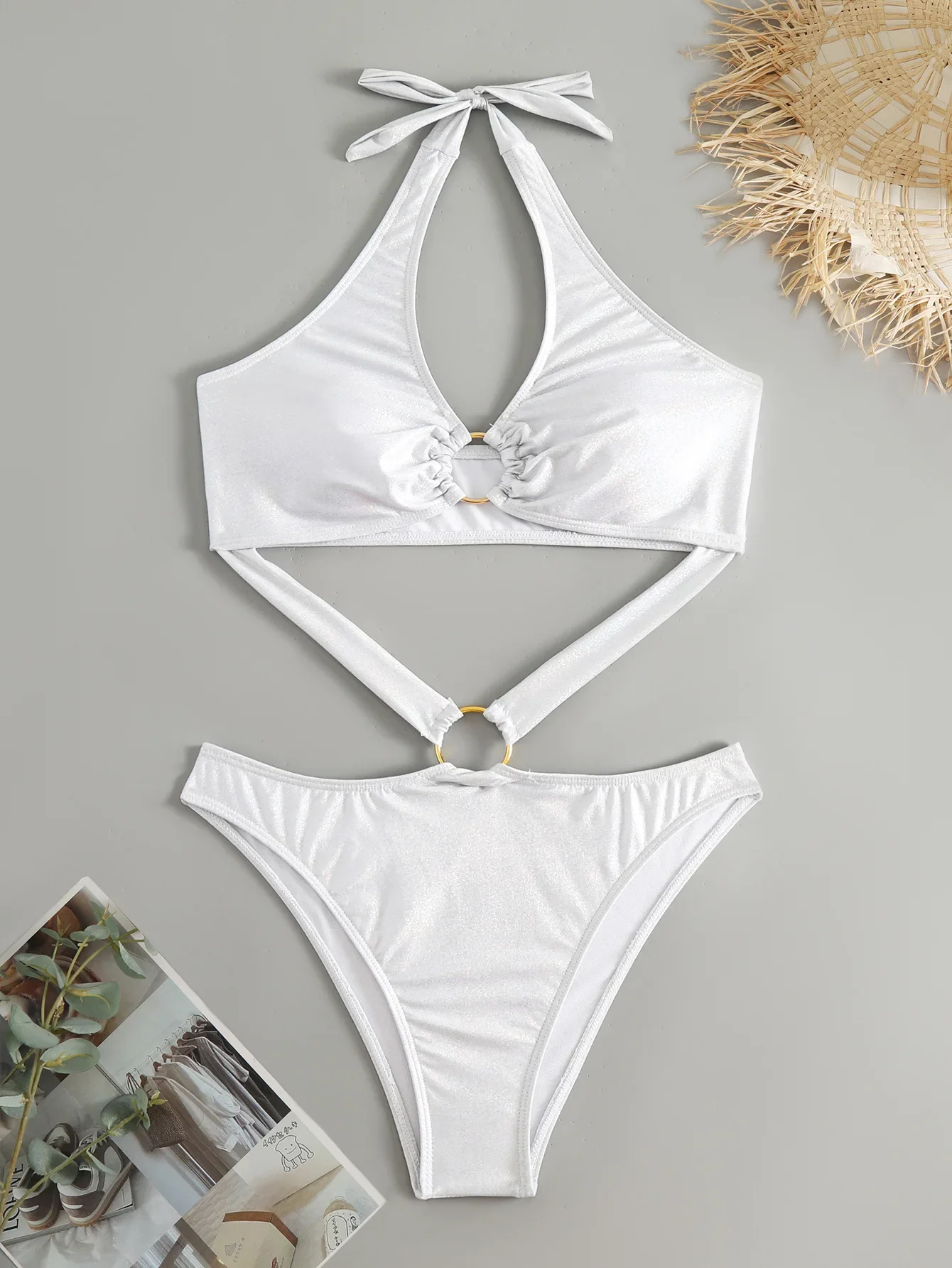 2025 Solid Color Shiny One Piece Swimsuit Women White High Waist Hollow Out Ring Bikini Sexy Summer Beach Vacation Swimwear New