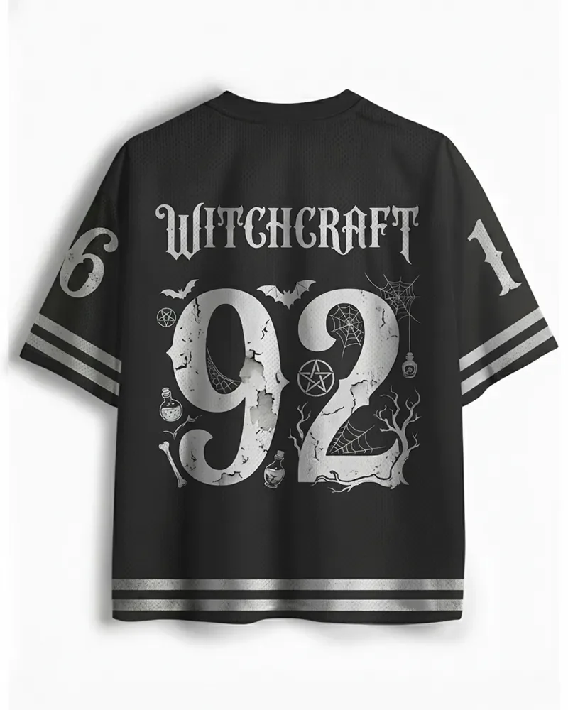 Halloween Mesh Sports Shirt Salem Medicine Witch Hat Bat Moon V-neck Short Sleeved Retro Gothic Streetwear