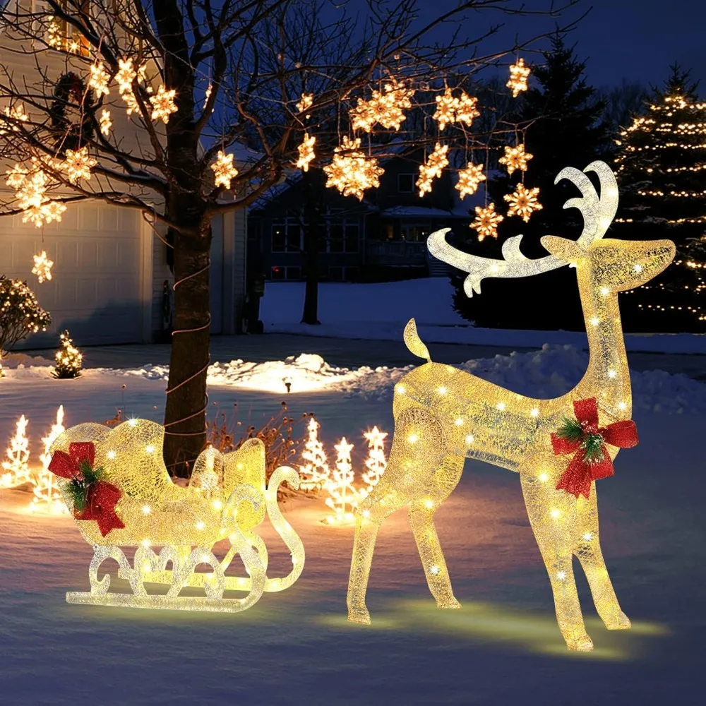 Lighting Christmas Reindeer and Sleds, Christmas Lighting Outdoor Decoration, Equipped with Lights, Ground Stakes, Cable Ties