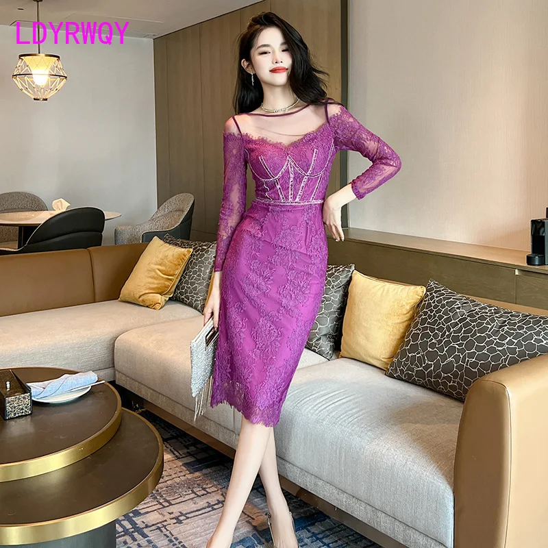 

French Purple Long Sleeve Dress for Women's Autumn New Slim Fit and Elegant Style Short Lace Strap