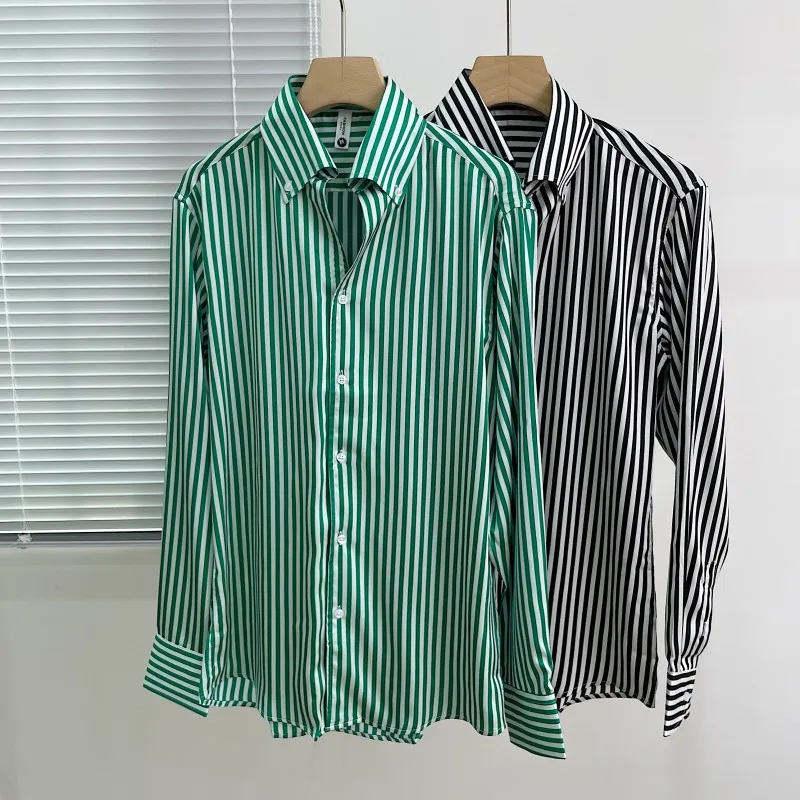 

New 2023 Men's Striped irt Smooth Surface Long Sve Busin Casual Faionable Slim Fit Youth Summer No Ironing Required
