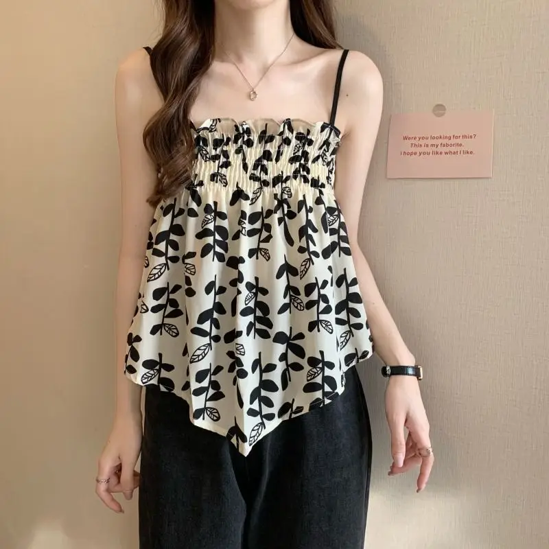

Women's Summer Fashion Irregular Print Sling 2025 New Lady Leaf Vest Casual Joker Black Tops Clothes for Women
