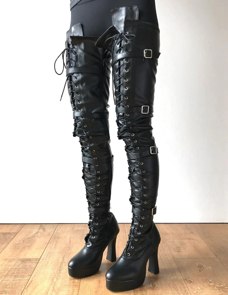 Sorbern Custom 75Cm Long Boot Women Chuk 12Cm Spool Heel Platform Laceup Crotch Goth Punk Pinup Cosplay Fetish Boots